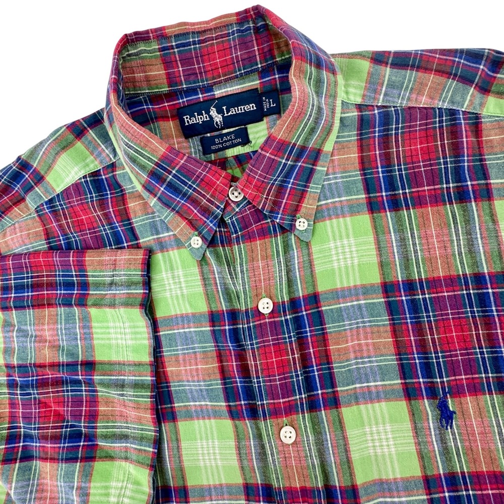 VTG Ralph Lauren Blake Mens Large Short Sleeve Button Shirt Plaid Green Red L